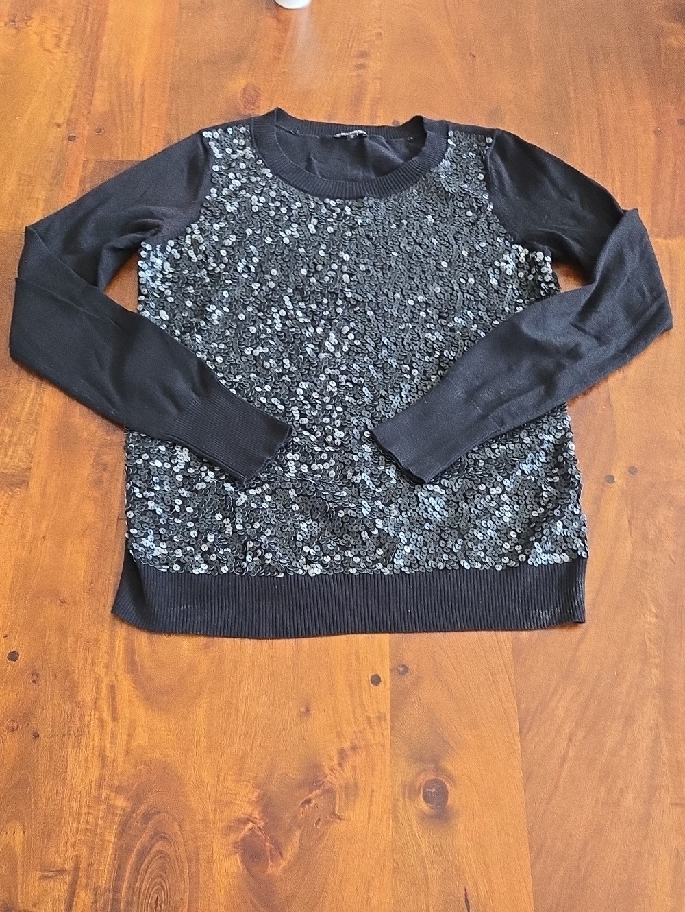 Express Black Sequin And Faux Leather Front Crewneck Sweater Size Medium